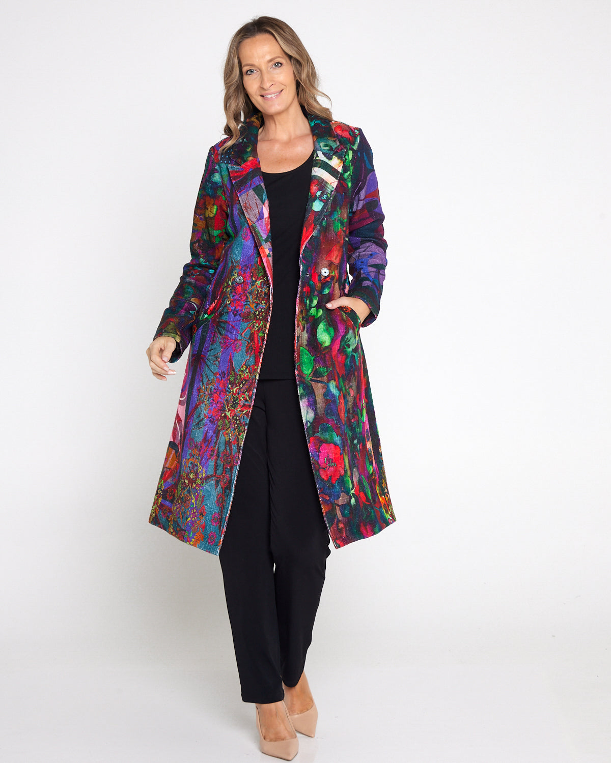 Digital Print Long Cotton Coat -  Purple Jungle