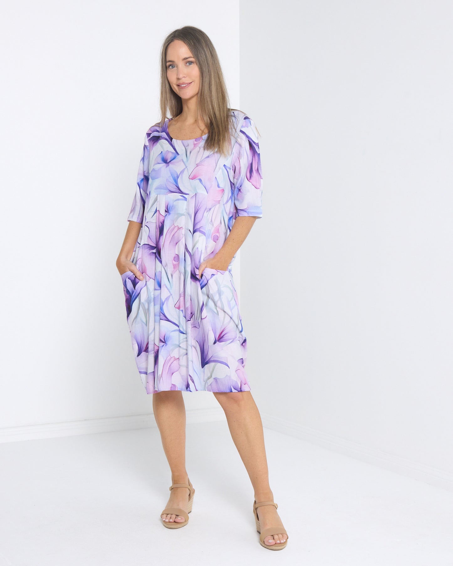Delphi Pleat Dress - Lavender Floral