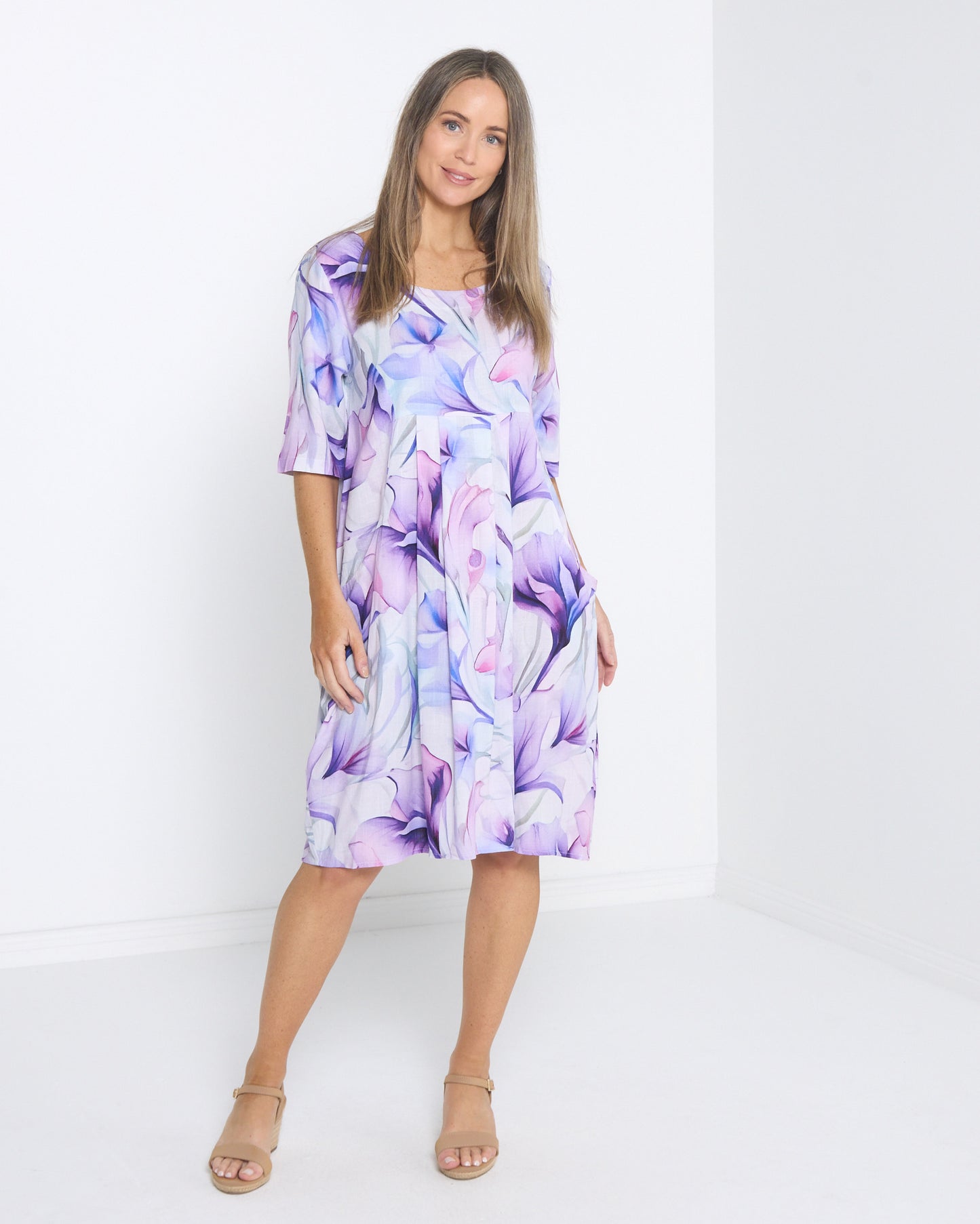 Delphi Pleat Dress - Lavender Floral
