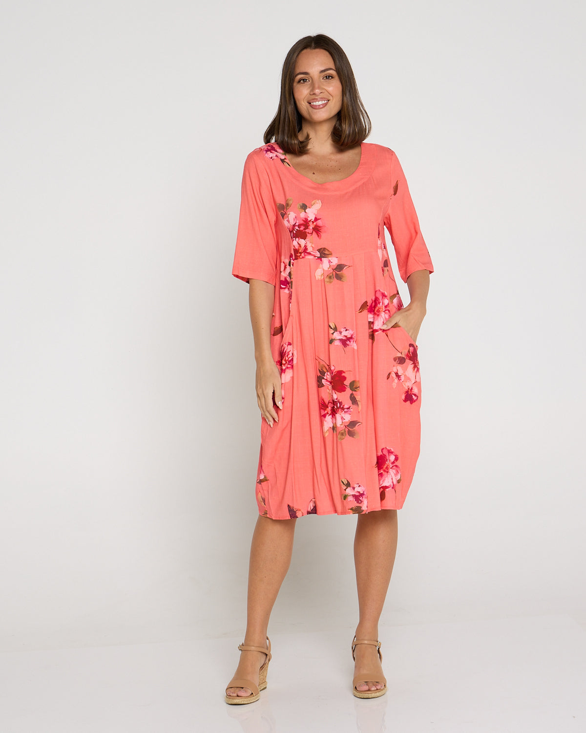 Delphi Pleat Dress - Coral Floral