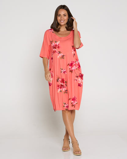 Delphi Pleat Dress - Coral Floral
