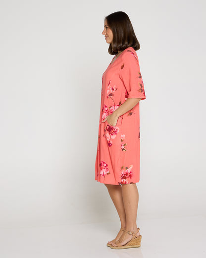Delphi Pleat Dress - Coral Floral