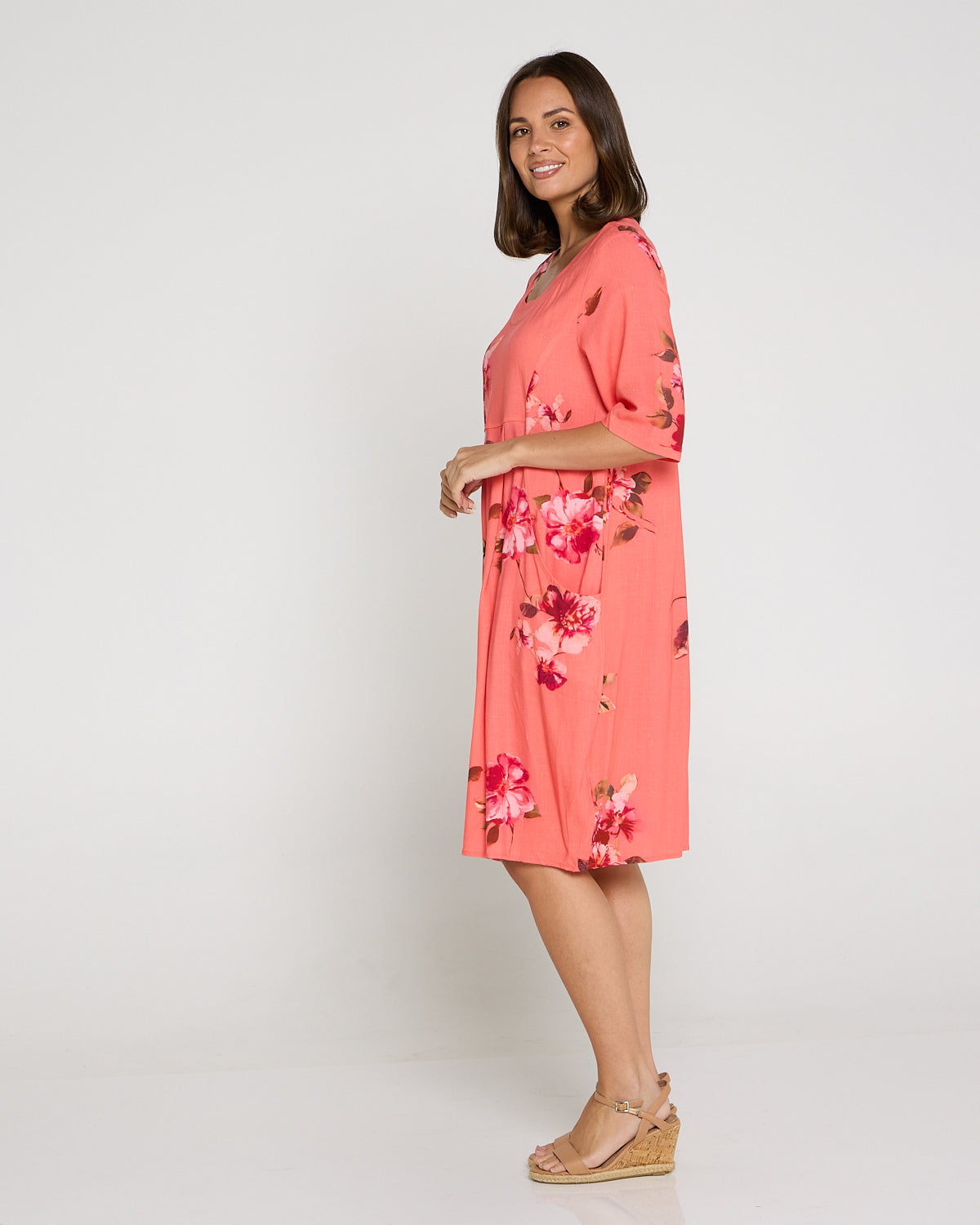 Delphi Pleat Dress - Coral Floral