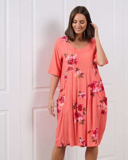 Delphi Pleat Dress - Coral Floral