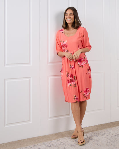 Delphi Pleat Dress - Coral Floral