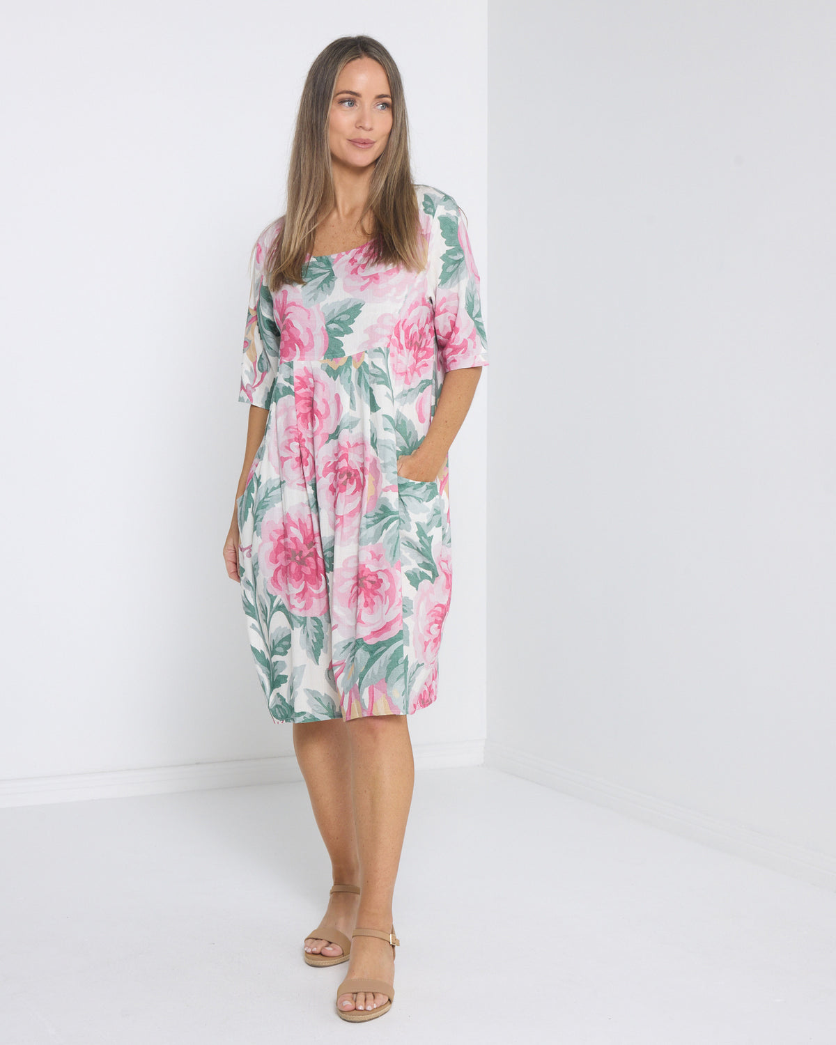Delphi Pleat Dress - Pink Floral