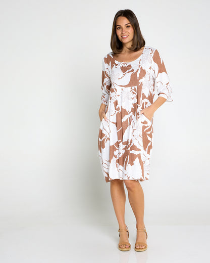 Delphi Pleat Dress – Cocoa Floral