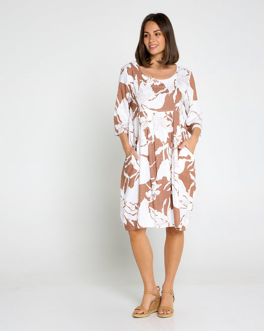 Delphi Pleat Dress – Cocoa Floral