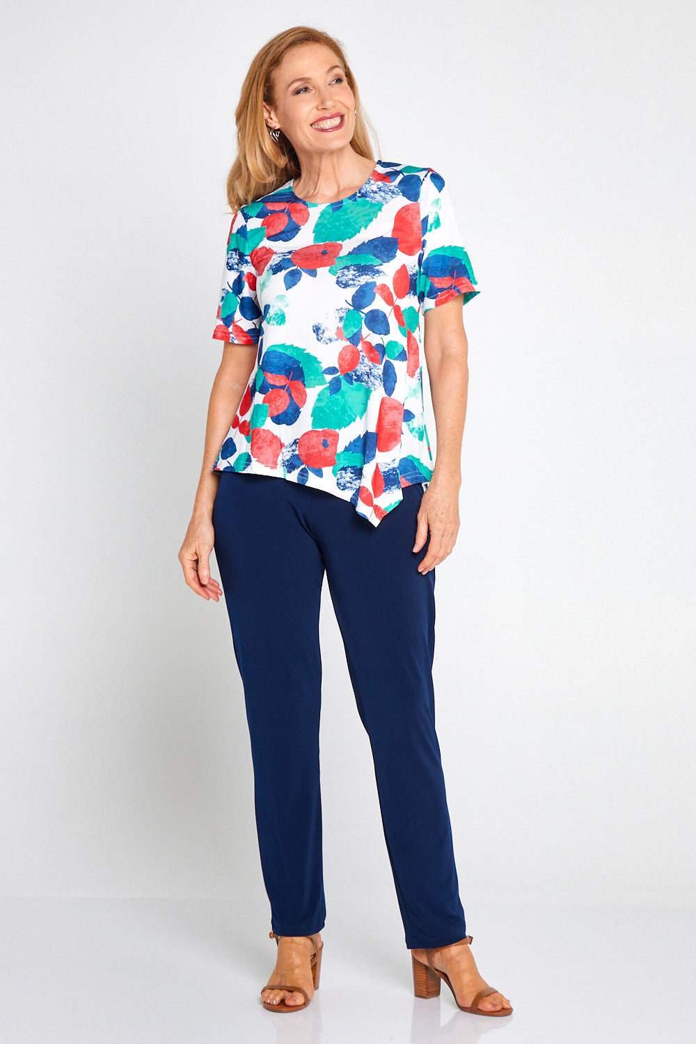 Shyla Top - Teal/Coral Leaves