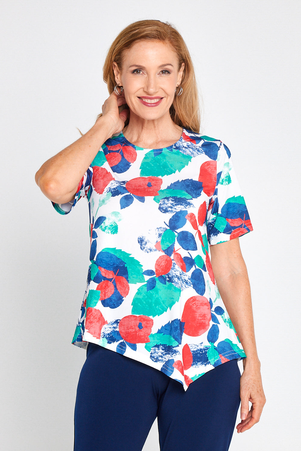 Shyla Top - Teal/Coral Leaves