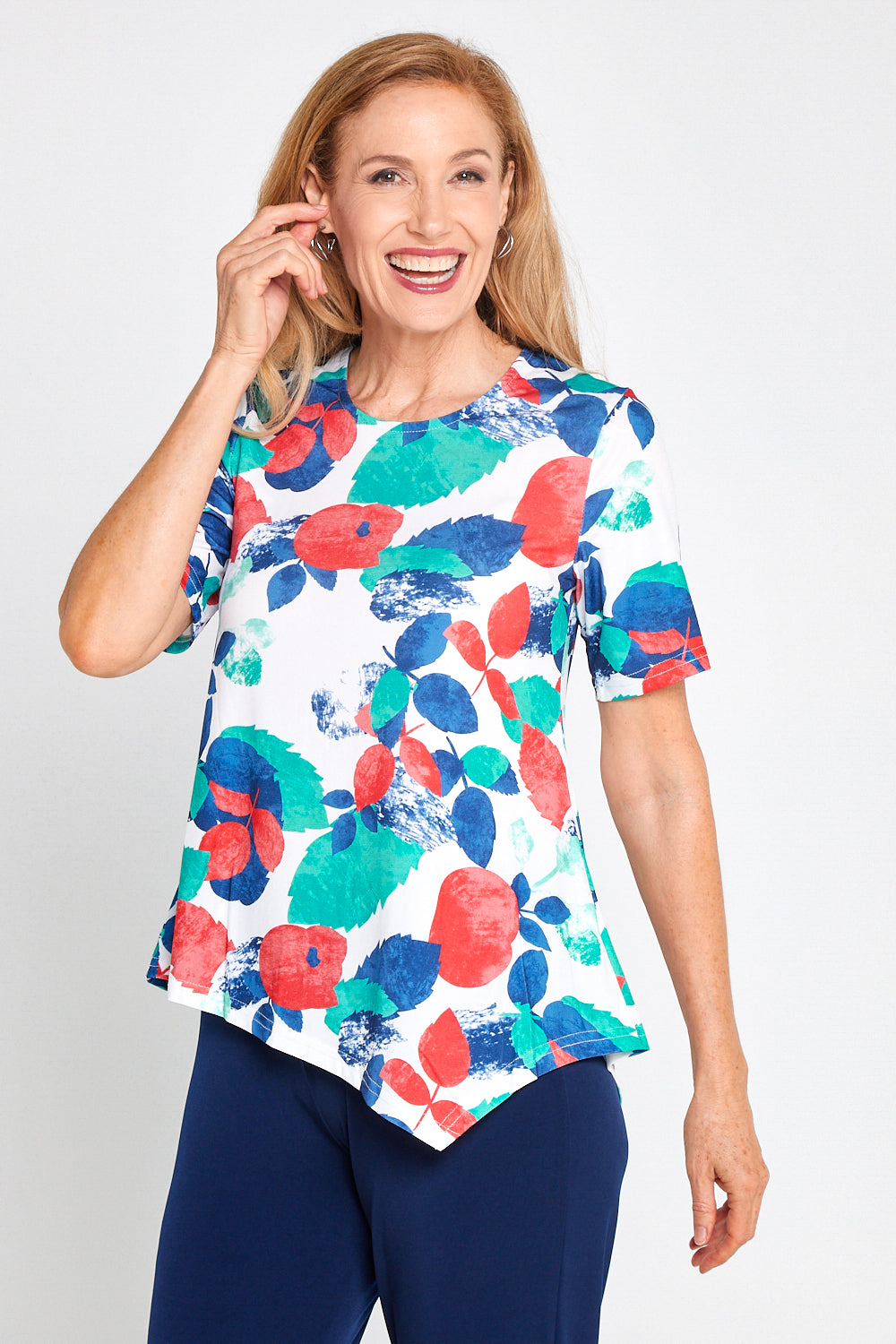Shyla Top - Teal/Coral Leaves