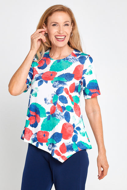 Shyla Top - Teal/Coral Leaves