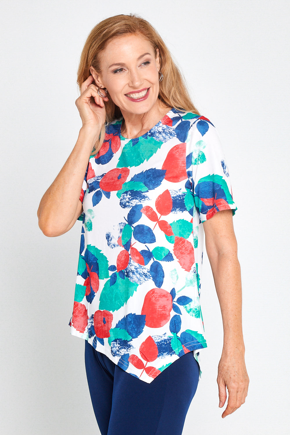 Shyla Top - Teal/Coral Leaves