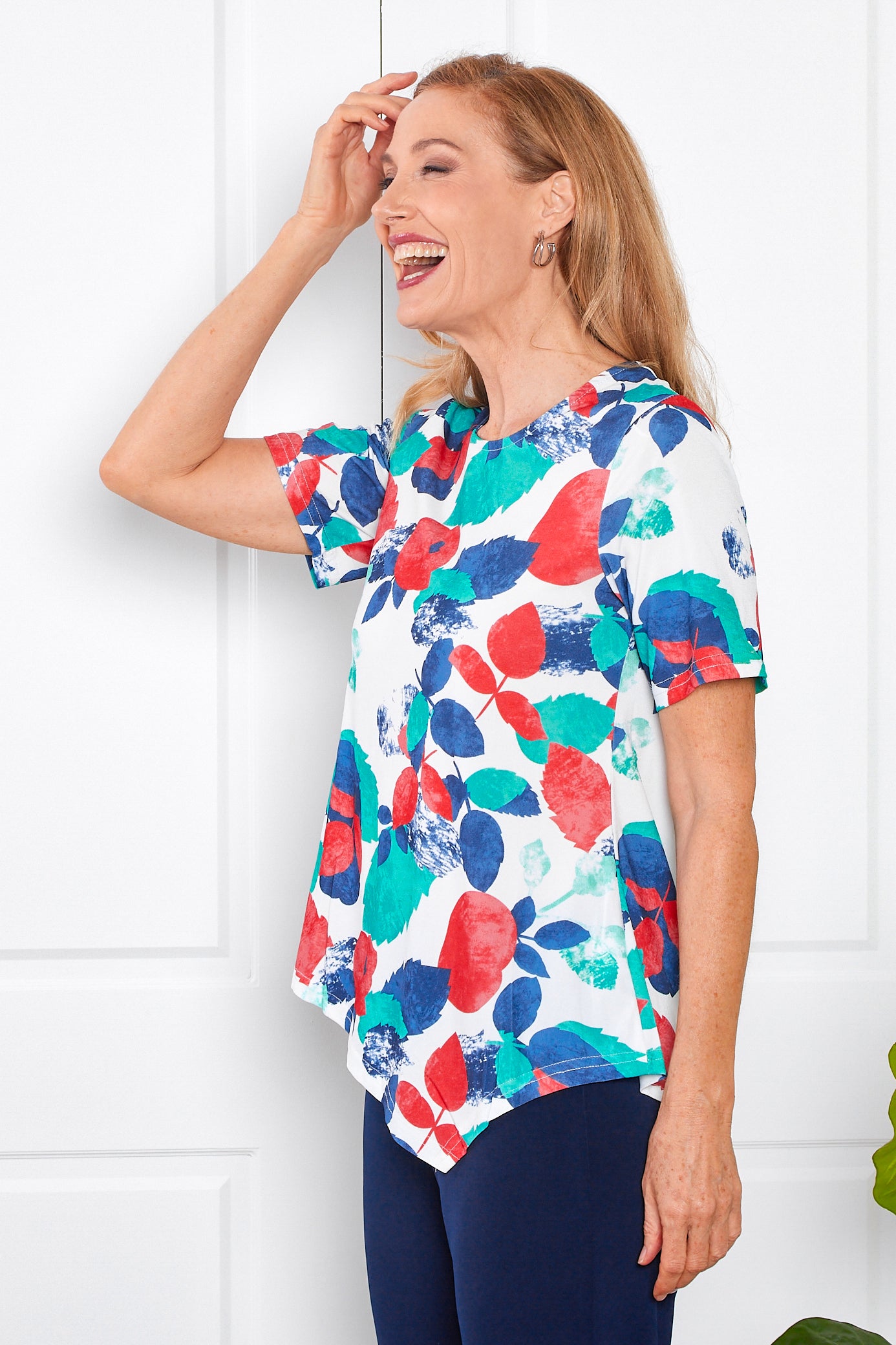 Shyla Top - Teal/Coral Leaves