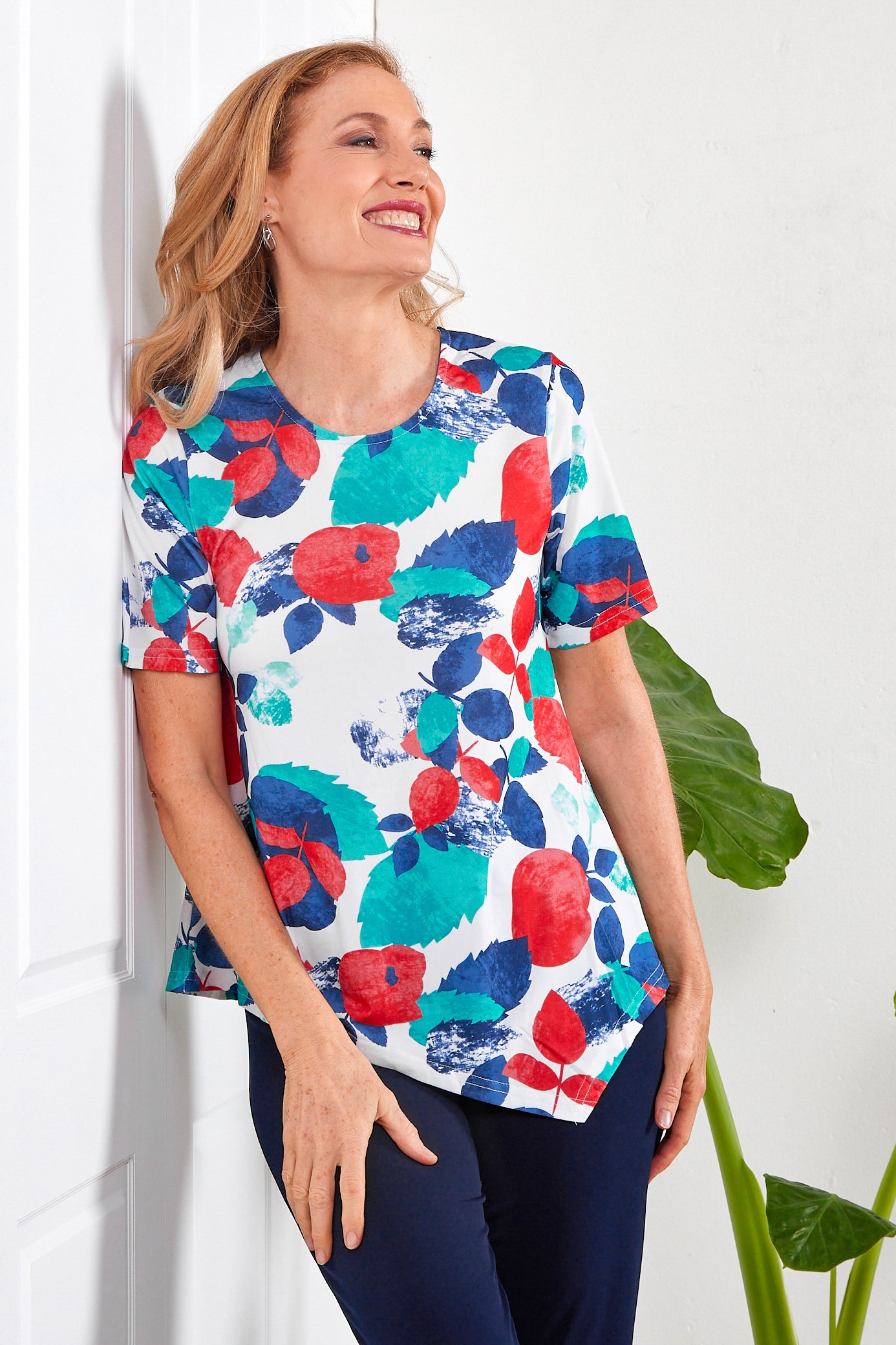 Shyla Top - Teal/Coral Leaves
