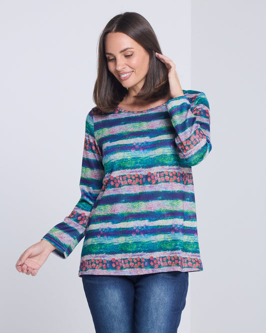 Camden Long Sleeve Knit Top - Purple/Green Print