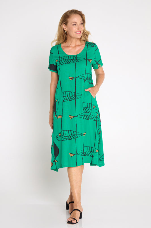 River Linen Dress - Green Sea Life