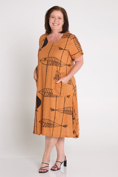 River Linen Dress - Tan Sea Life