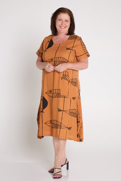 River Linen Dress - Tan Sea Life