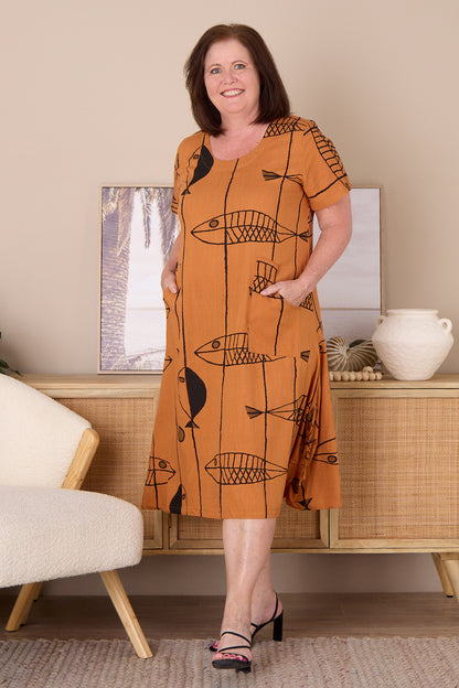 River Linen Dress - Tan Sea Life