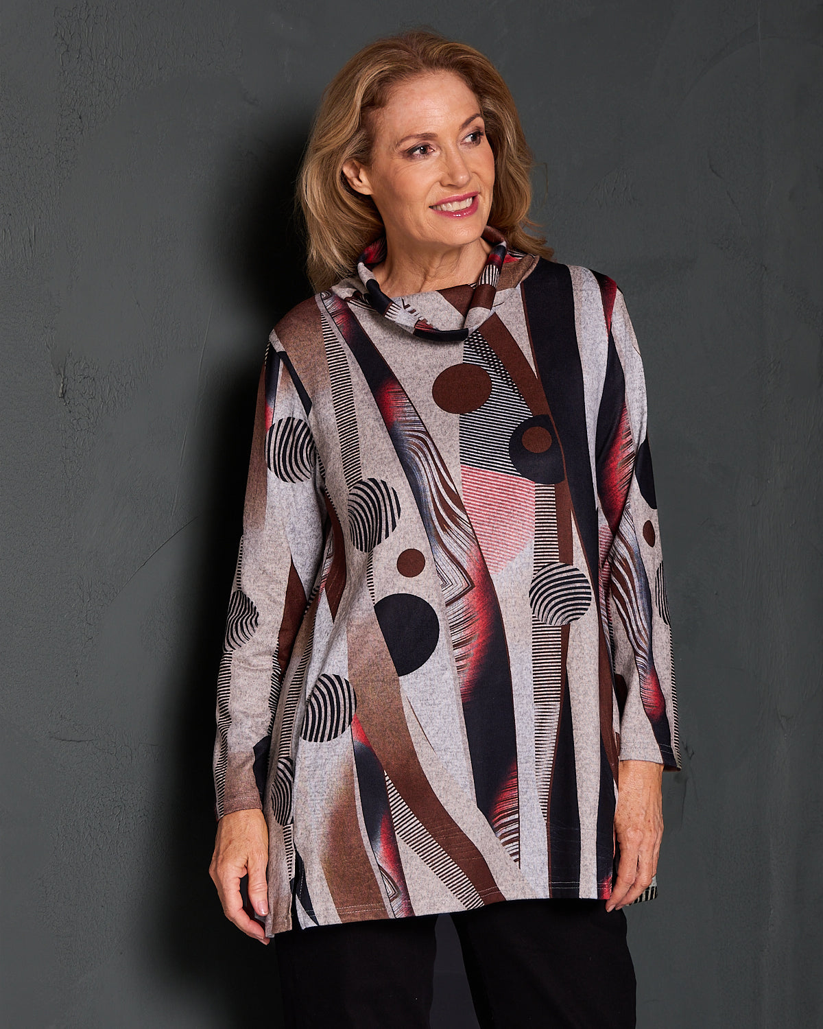 Lina Cowl Knit Tunic - Brown Abstract