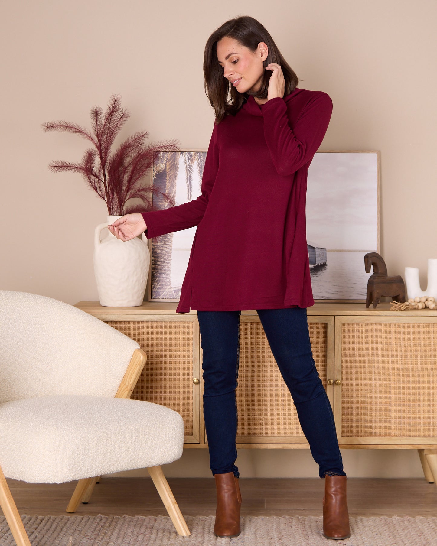 Lina Cowl Knit Tunic - Burgundy