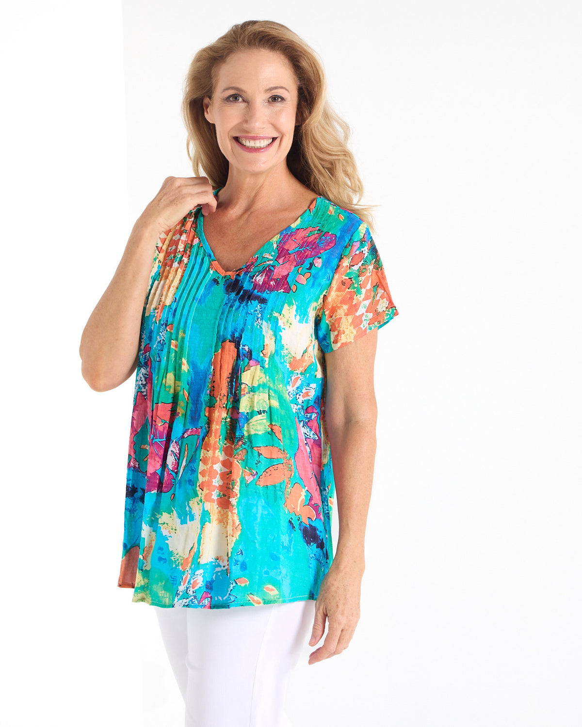 Carmody Pintuck Cotton Top - Tropical Leaf