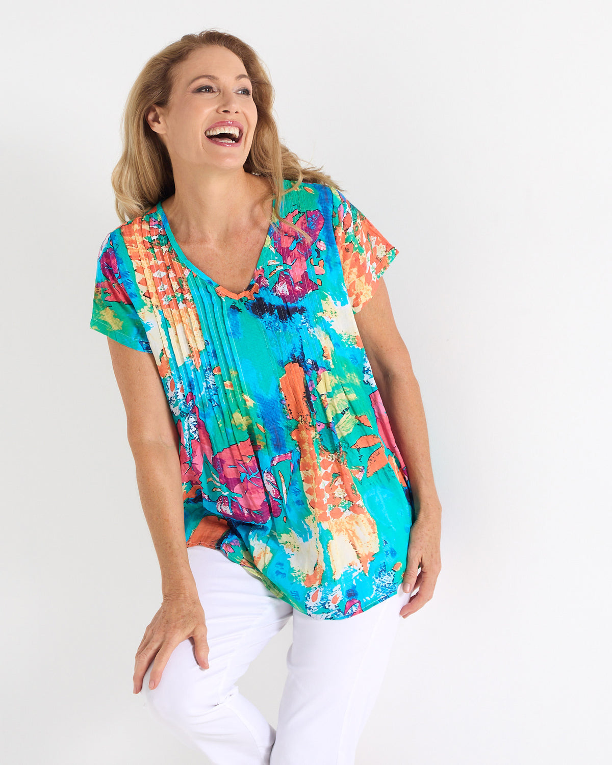 Carmody Pintuck Cotton Top - Tropical Leaf