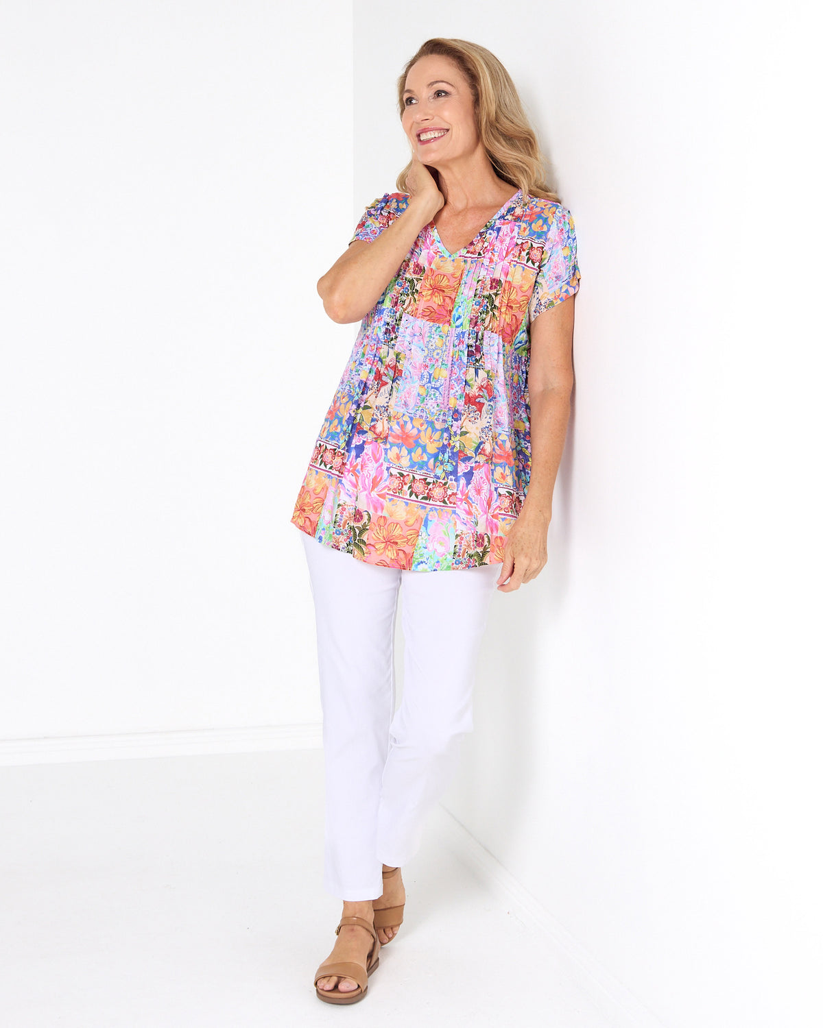 Carmody Floral Pintuck Top - Pink Patchwork