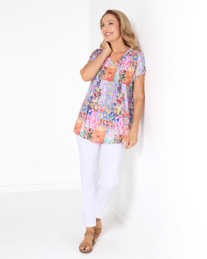 Carmody Floral Pintuck Top - Pink Patchwork