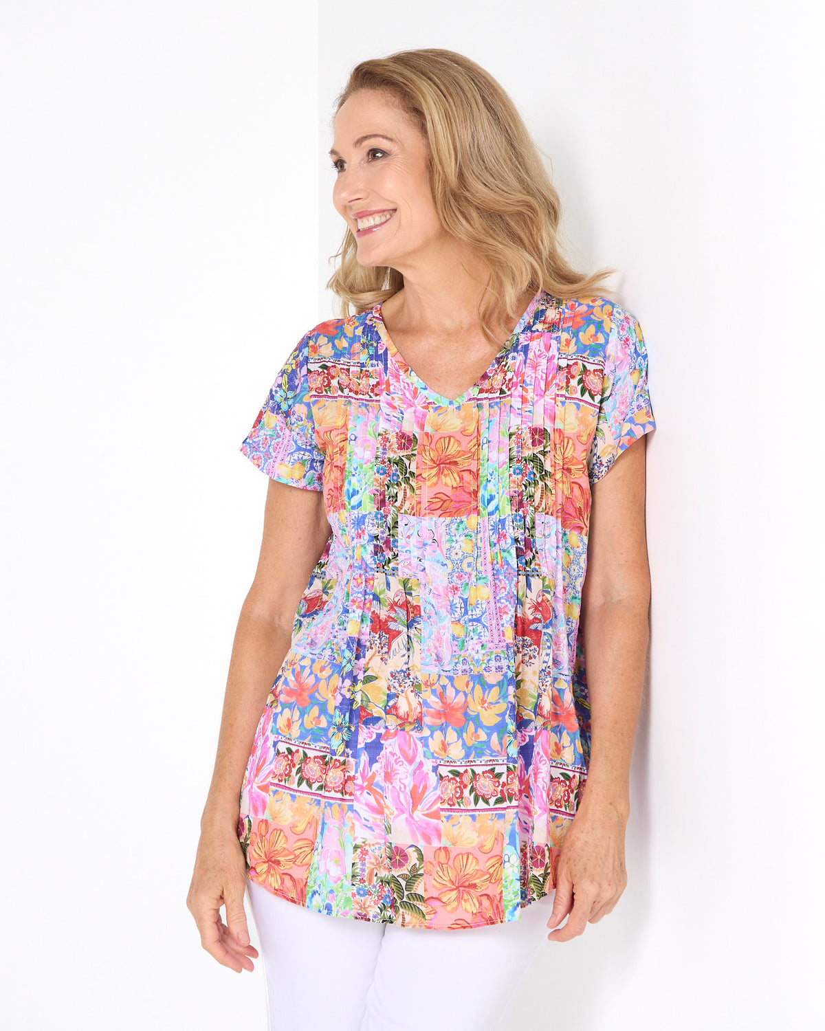 Carmody Floral Pintuck Top - Pink Patchwork