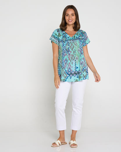 Carmody Cotton Top - Mint Motifs