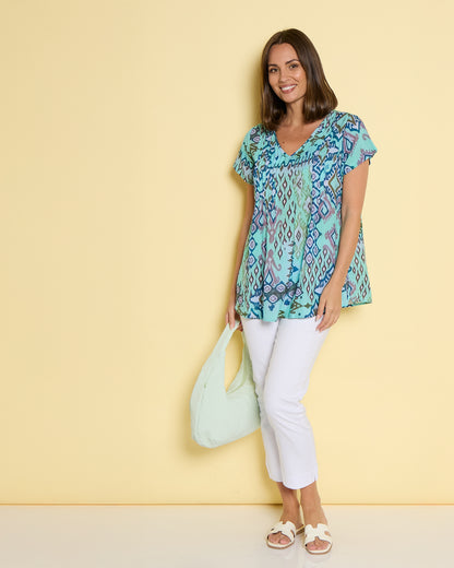 Carmody Cotton Top - Mint Motifs