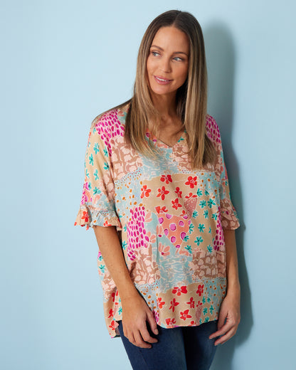 Farren Top - Pastel Floral Collage