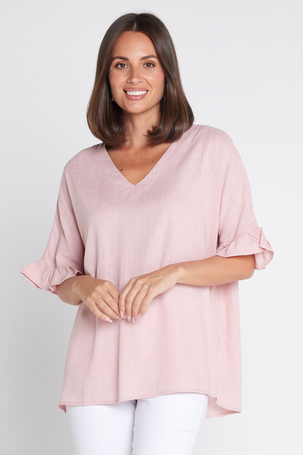 Farrah Linen V Neck Top - Blush