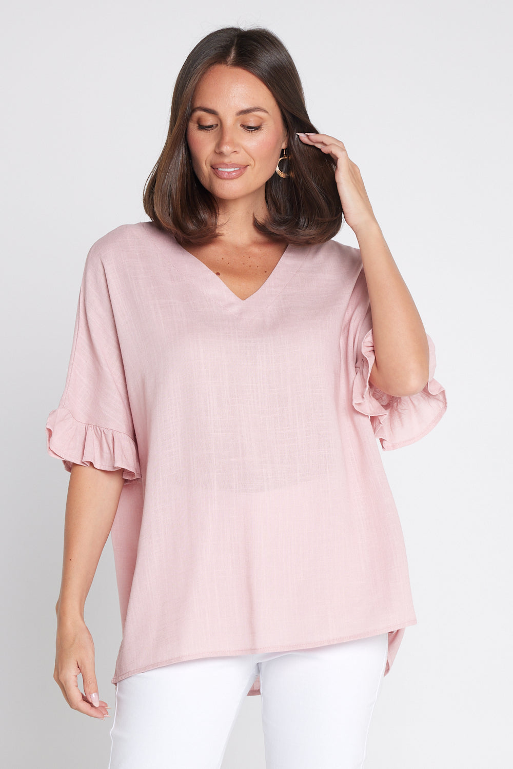 Farrah Linen V Neck Top - Blush