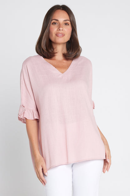 Farrah Linen V Neck Top - Blush