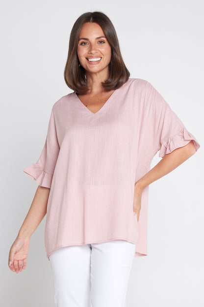 Farrah Linen V Neck Top - Blush