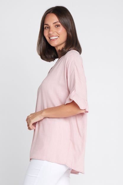 Farrah Linen V Neck Top - Blush