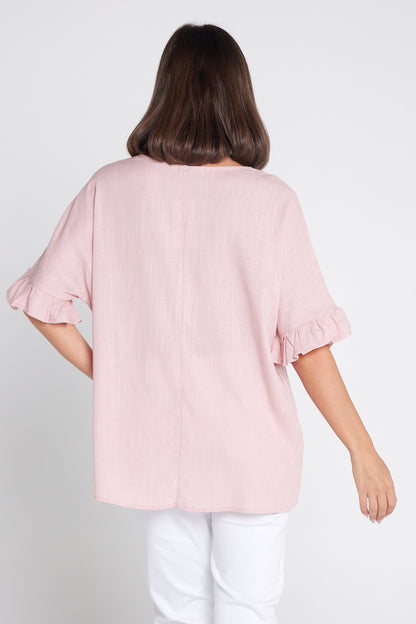 Farrah Linen V Neck Top - Blush