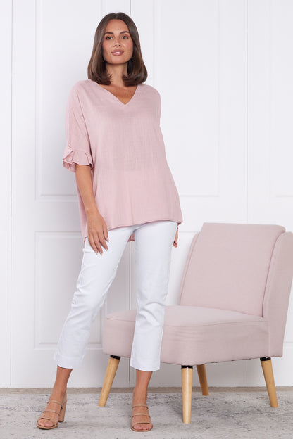 Farrah Linen V Neck Top - Blush