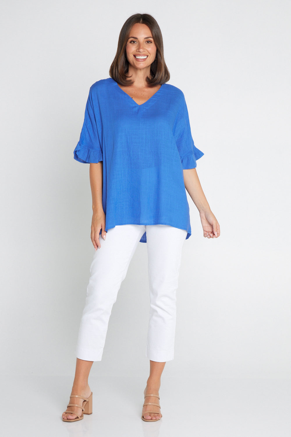 Farrah Linen V Neck Top - Blue