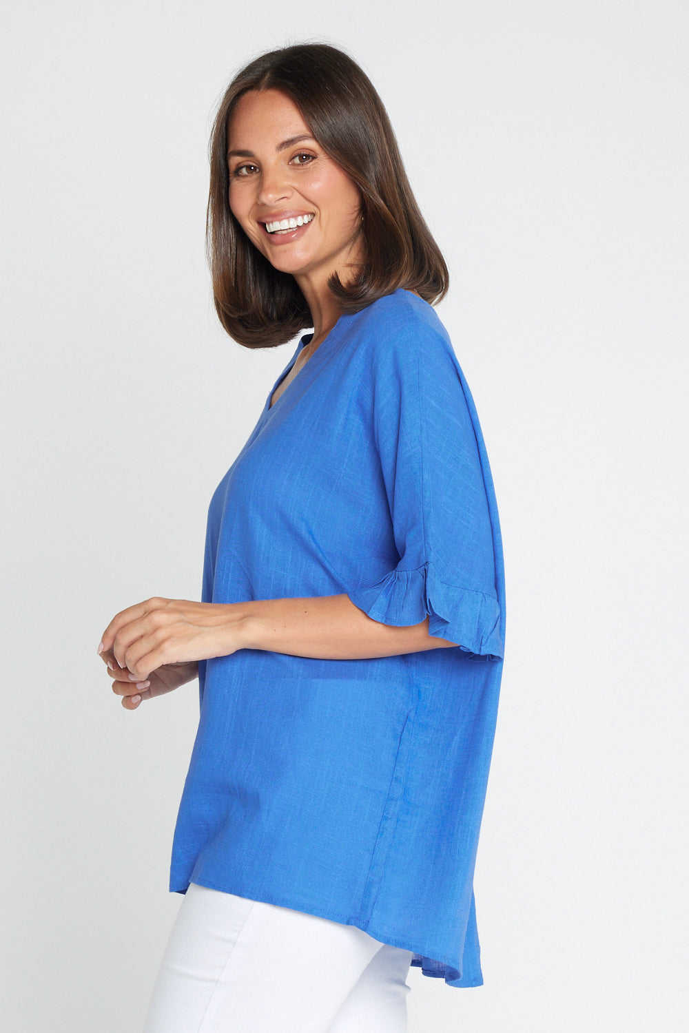 Farrah Linen V Neck Top - Blue