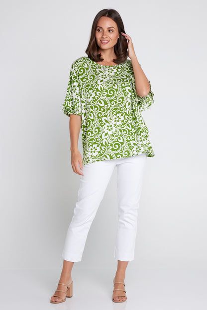 Farrah V Neck Top - Green Print