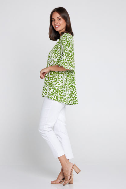 Farrah V Neck Top - Green Print