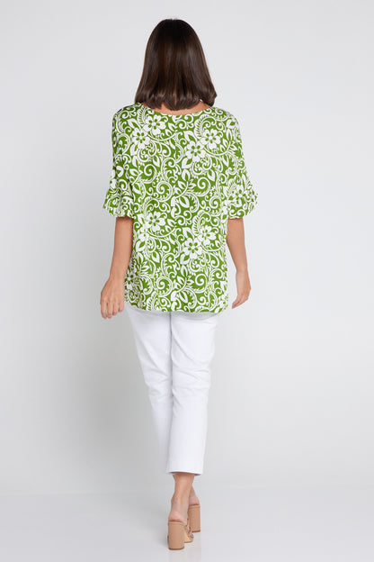 Farrah V Neck Top - Green Print