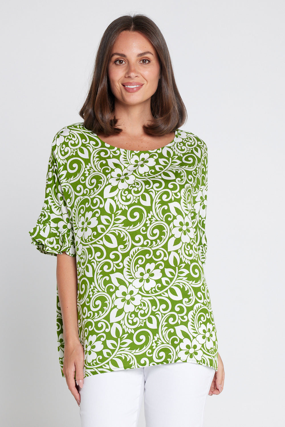 Farrah V Neck Top - Green Print