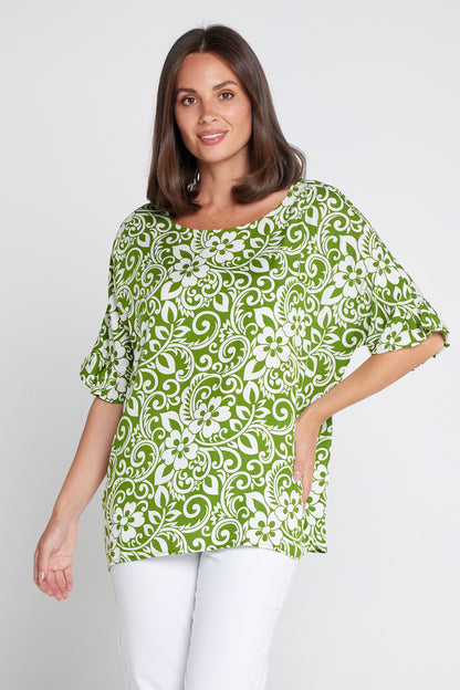 Farrah V Neck Top - Green Print