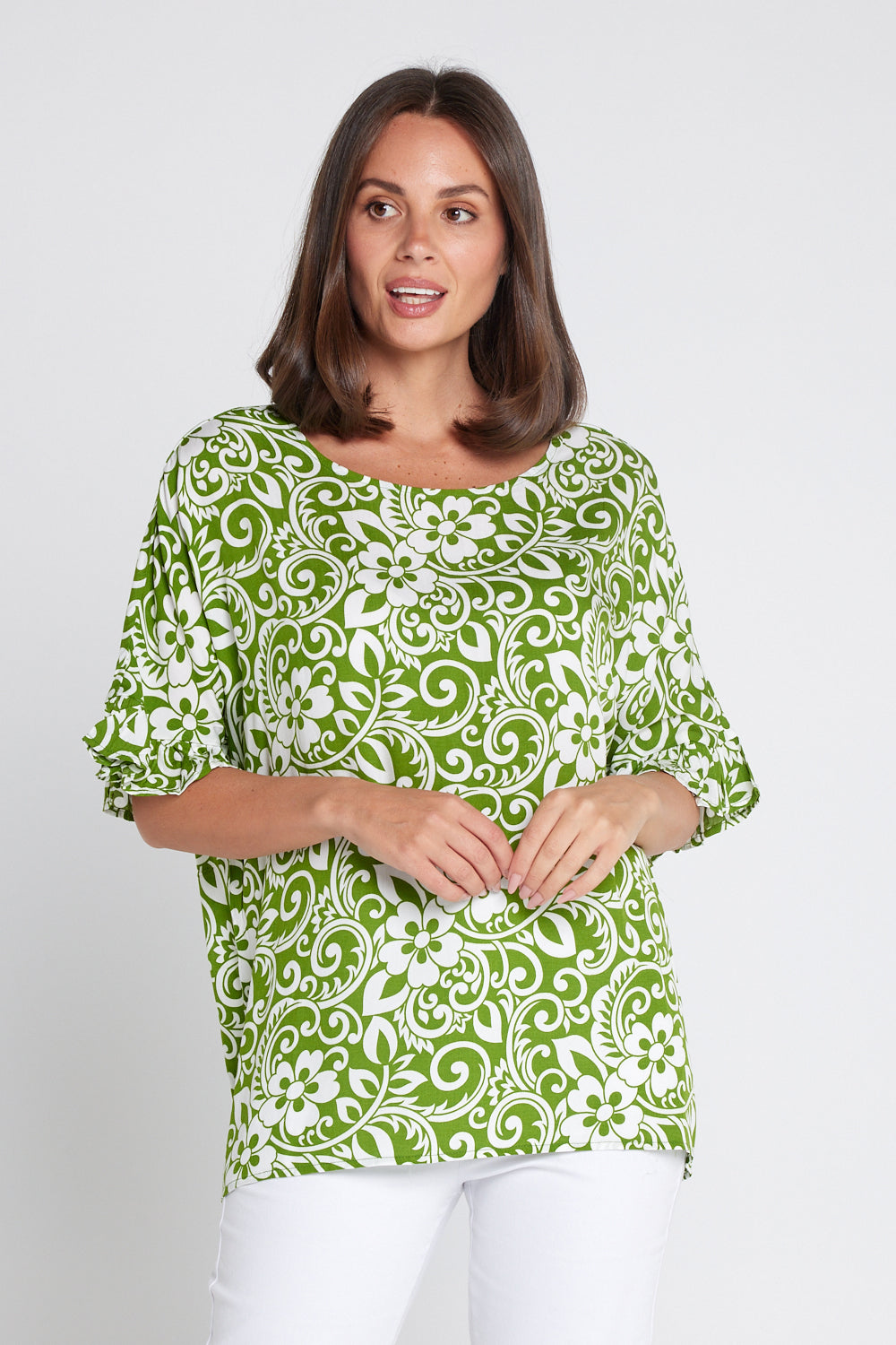 Farrah V Neck Top - Green Print