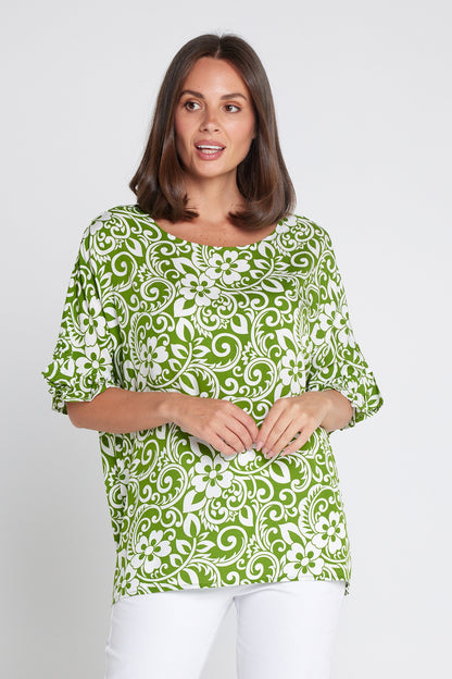 Farrah V Neck Top - Green Print